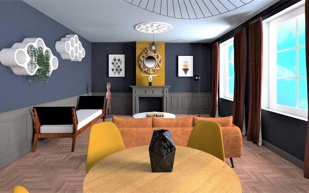 Visuels 3D de la décoration d’intérieur d’un salon dans un appartement Bourgeois Parisien réalisée par l’agence DECOVALOR