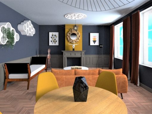 Visuels 3D de la décoration d’intérieur d’un salon dans un appartement Bourgeois Parisien réalisée par l’agence DECOVALOR