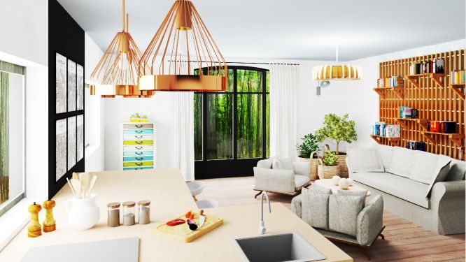 Visuels 3D d’une maison rénovée dans un esprit naturel, cosy et lumineux